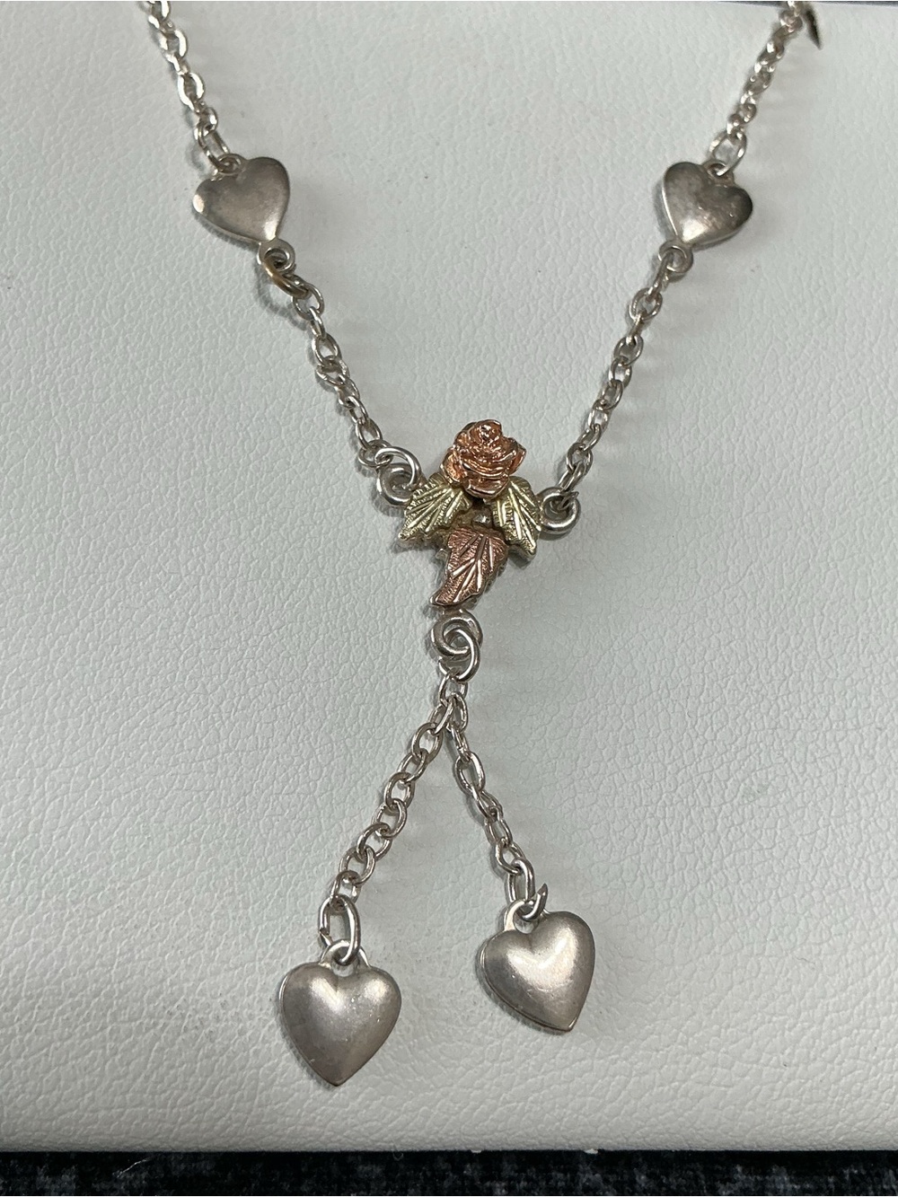 Sterling 12K Black Hills Gold Y Necklace Hearts Flowers